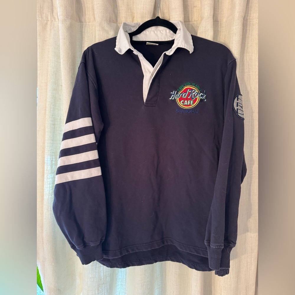 Vintage Hard Rock Cafe Navy Rugby-Style Crewneck with White Accents